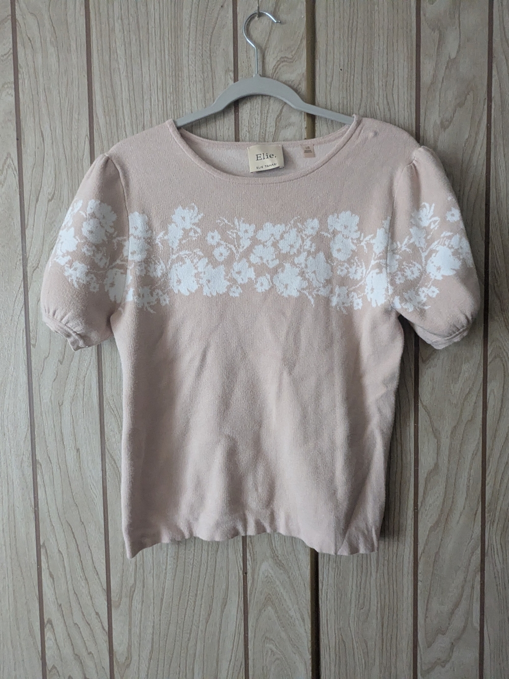Elie Tahari Blush Pink Short-Sleeve Floral Knit Top